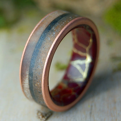 Sundown in Vermont | Men's Vermont Sugar Maple Wood, VT River Rocks, Lava, Titanium & Copper Wedding Ring