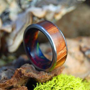 BRONZE BURST | Bronze Marbled Opalescent & Lava Burst Resin Titanium Wedding Rings - Minter and Richter Designs