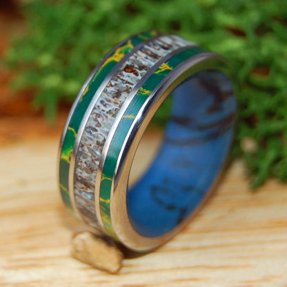 CARIBOU ABOVE THE LAKE | Men's Egyptian Jade, Mokume & Caribou Antler Wedding Ring
