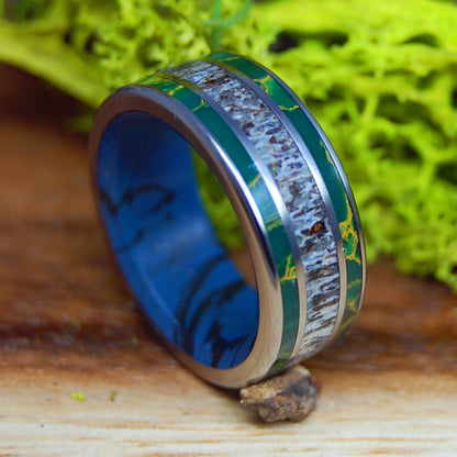 CARIBOU ABOVE THE LAKE | Men's Egyptian Jade, Mokume & Caribou Antler Wedding Ring