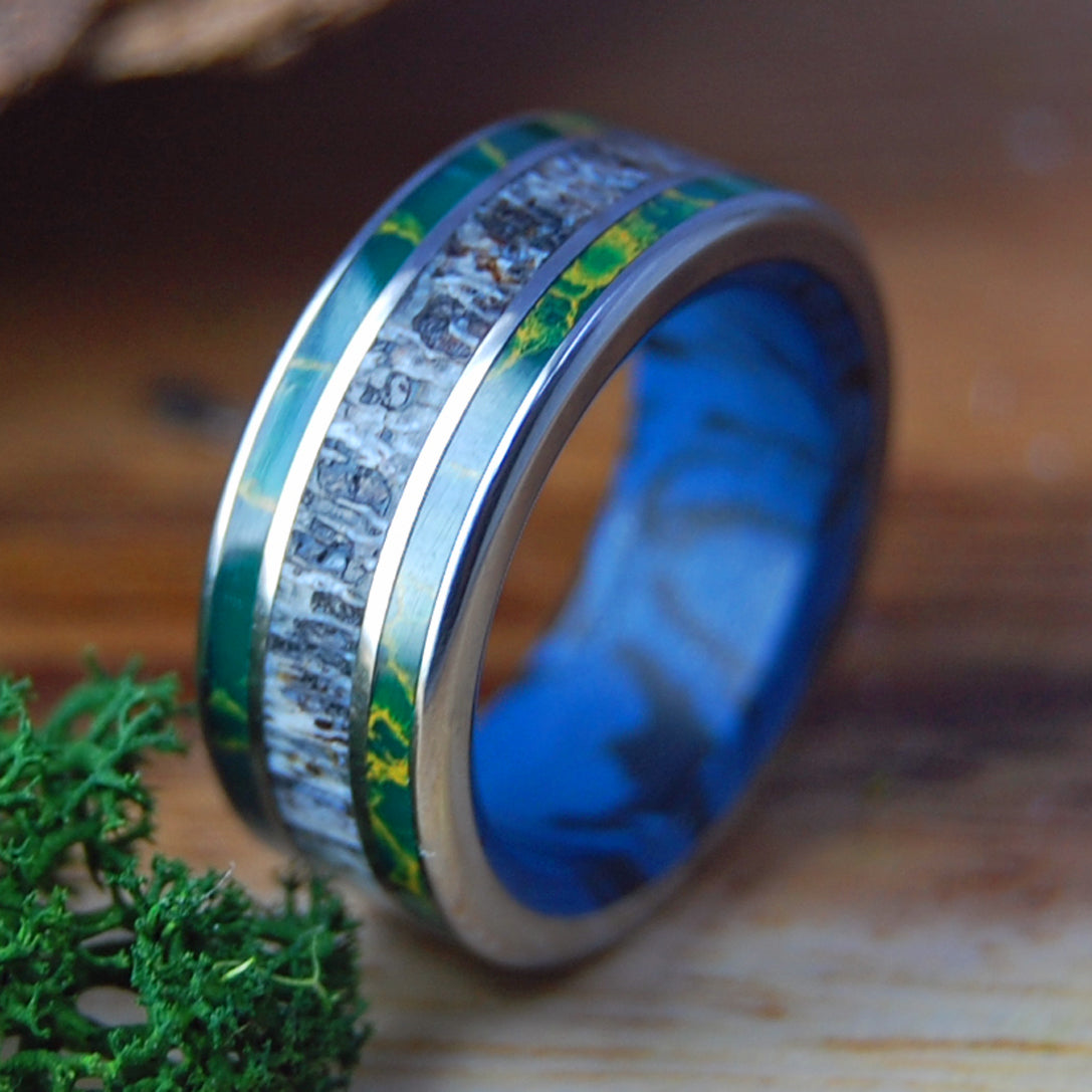 CARIBOU ABOVE THE LAKE | Men's Egyptian Jade, Mokume & Caribou Antler Wedding Ring