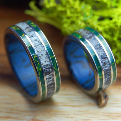 CARIBOU ABOVE THE LAKE SET | Egyptian Jade, Mokume & Caribou Antler Wedding Rings