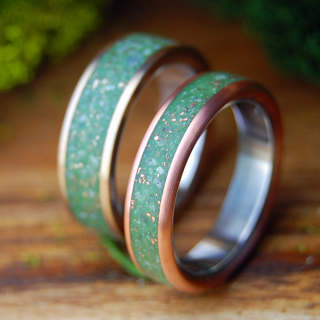 SPARKLING MEADOWS, GLISTENING HILLS SET | Crushed Copper & Connemara Marble, Crushed Bronze & Connemara Marble - Wedding Rings Set