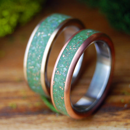 SPARKLING MEADOWS, GLISTENING HILLS SET | Crushed Copper & Connemara Marble, Crushed Bronze & Connemara Marble - Wedding Rings Set