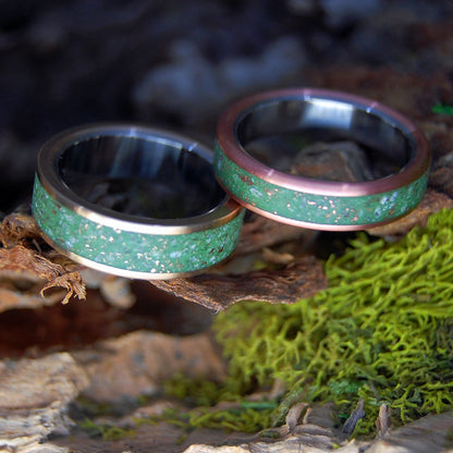 SPARKLING MEADOWS, GLISTENING HILLS SET | Crushed Copper & Connemara Marble, Crushed Bronze & Connemara Marble - Wedding Rings Set