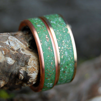 SPARKLING MEADOWS, GLISTENING HILLS SET | Crushed Copper & Connemara Marble, Crushed Bronze & Connemara Marble - Wedding Rings Set