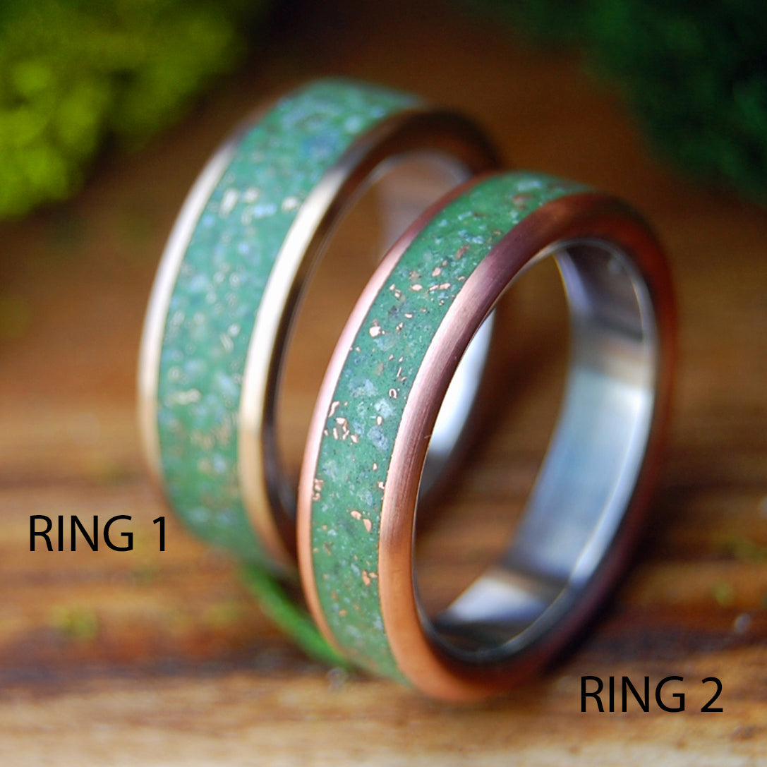 SPARKLING MEADOWS, GLISTENING HILLS SET | Crushed Copper & Connemara Marble, Crushed Bronze & Connemara Marble - Wedding Rings Set