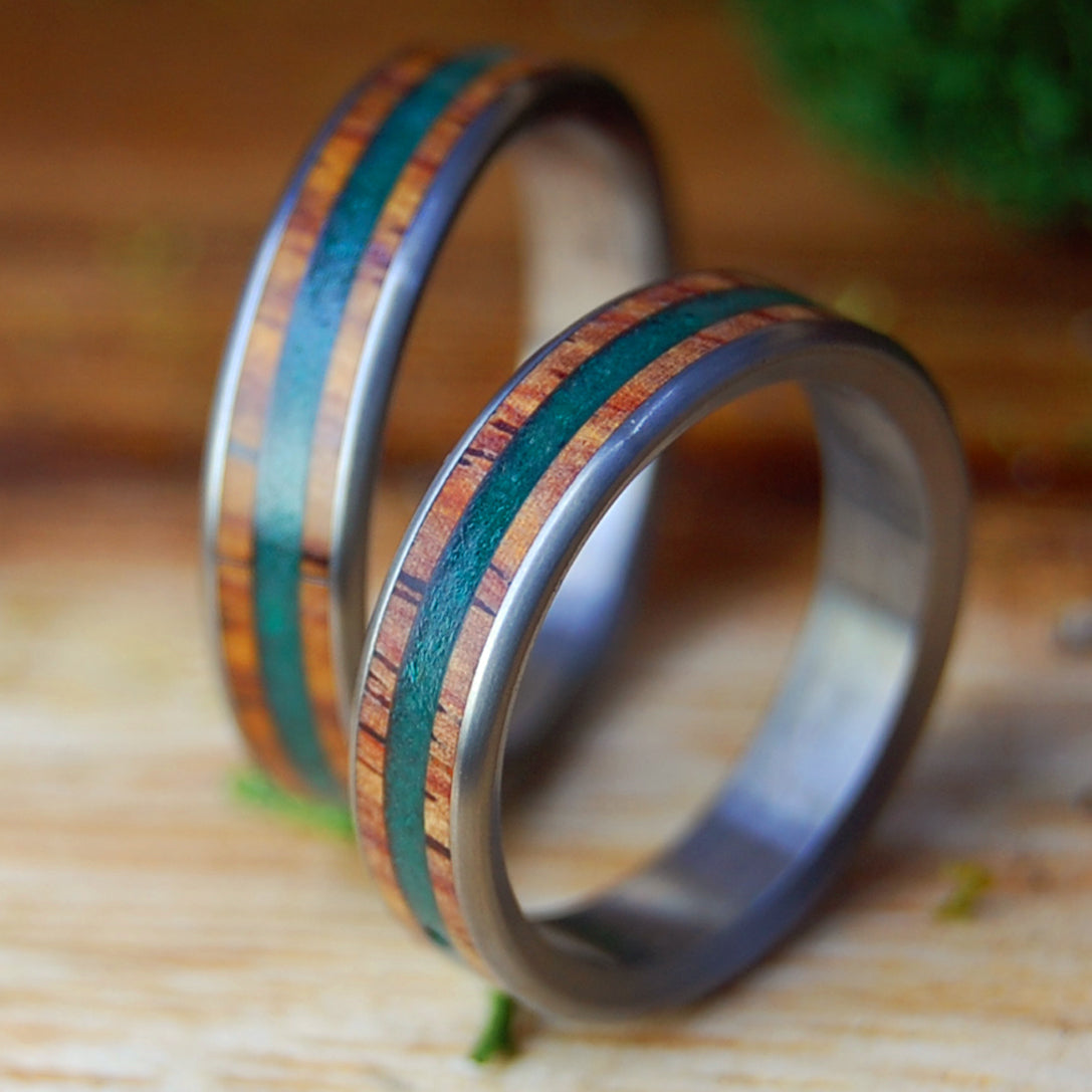 CRUSHED JADE LIGHT COCO SET | Men's & Women's Crushed Jade & Cocobolo Wood & Titanium Wedding Rings
