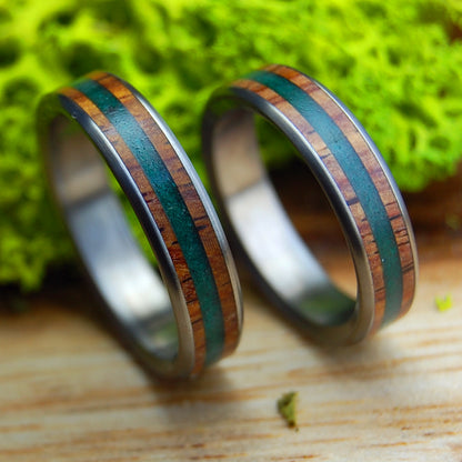 CRUSHED JADE LIGHT COCO SET | Men's & Women's Crushed Jade & Cocobolo Wood & Titanium Wedding Rings