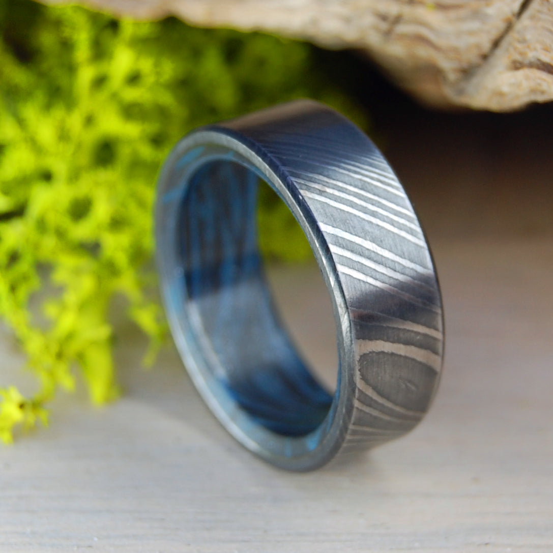 DAMASCUS BLACK BLUE | Damascus Steel Damasteel & Blue Black M3 Wedding Ring - Minter and Richter Designs