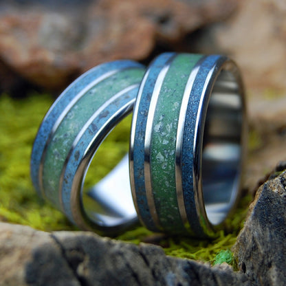 FOLLY RIVER RHINE CONNEMARA SET | His & Hers River Rhine Germany, Folly Beach SC Beach Sand, Connemara Marble & Titanium Wedding Rings