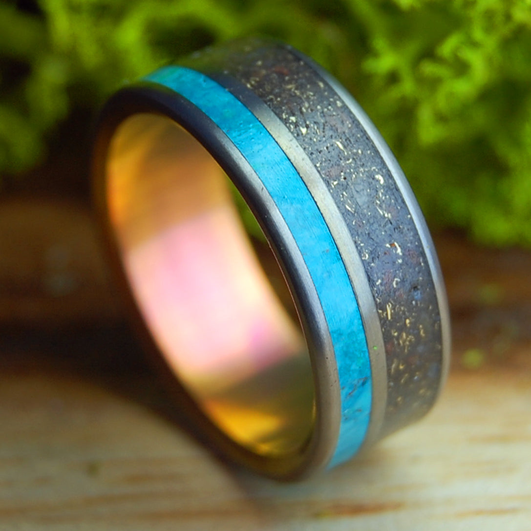 GOLDEN BANKS ON RIVER RHINE | German Earth, River Rhine Rocks, Crushed Gold, Chrysocolla & Titanium Wedding Ring