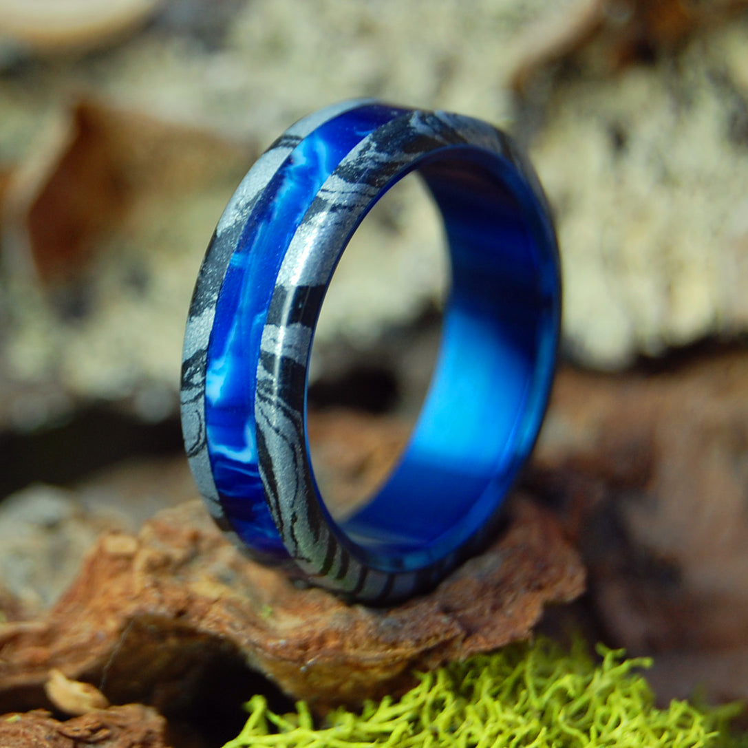 GREEK GOD VINTAGE BLUE II | Vintage Blue Marbled Resin &  Black M3 Titanium Wedding Rings - Minter and Richter Designs