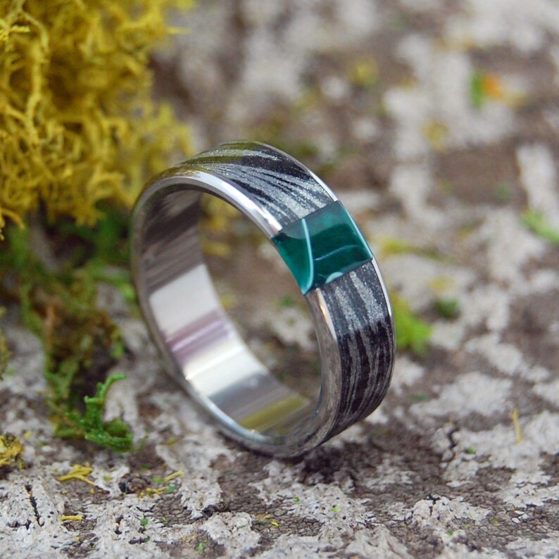 GREEN VINTAGE MOKUME | Black & Silver Mokume Gane and Green Vintage Resin - Unique Wedding Rings - Wedding Ring - Minter and Richter Designs