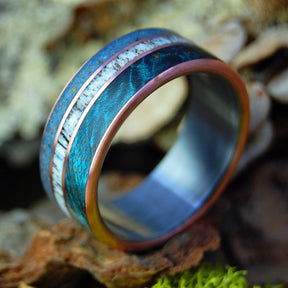 GOD LOVES THE CARIBOU | Blue Maple Wood,  Caribou Antler, Lake Superior Beach Sand and Copper - Titanium & Copper Wedding Rings - Minter and Richter Designs