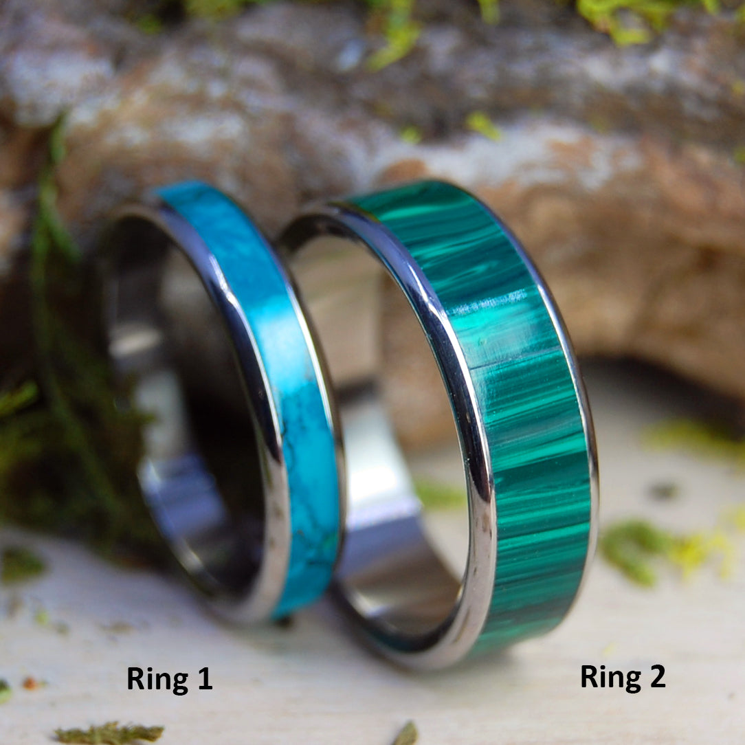 GOLDEN PROMISE / ONLY LIGHT CAN DRIVE OUT DARKNESS | Malachite & Chrysocolla Wedding Band Set - Minter and Richter Designs