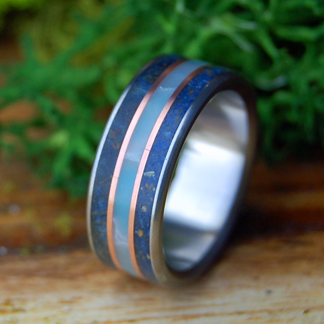 HER VERO BEACH TI | Women's Blue Box Elder Wood, Vero Beach Sand, Larimar Stone, Copper & Titanium Wedding Ring