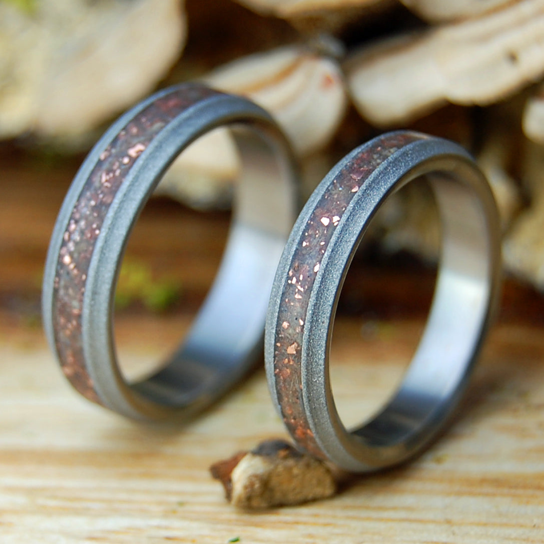 HINOKI & NATIVE COPPER | Japanese Hinoki, Michigan Native Copper Flecks & Titanium - Unique Wedding Rings