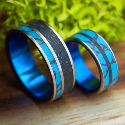 ICELANDIC DIAMOND SEA ICEBERG SET | Icelandic Lava, Turquoise - Titanium Wedding Rings