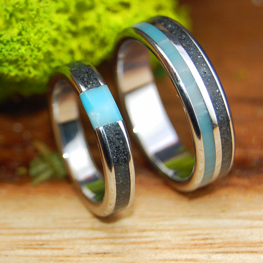 INOX ASSATEAGUE SKIES SET | Assateague Beach Sand & Larimar Stone Inox Steel Wedding Rings