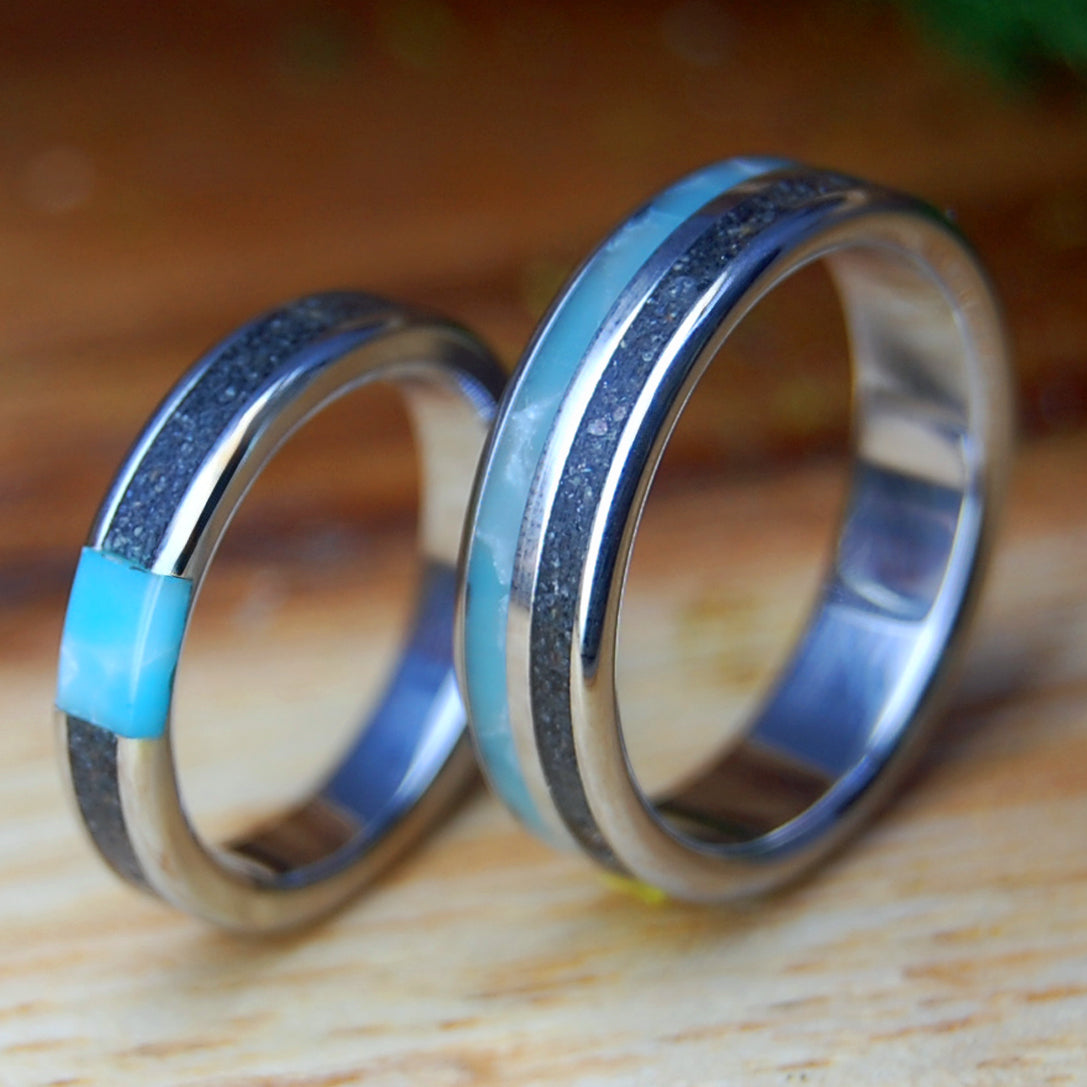INOX ASSATEAGUE SKIES SET | Assateague Beach Sand & Larimar Stone Inox Steel Wedding Rings