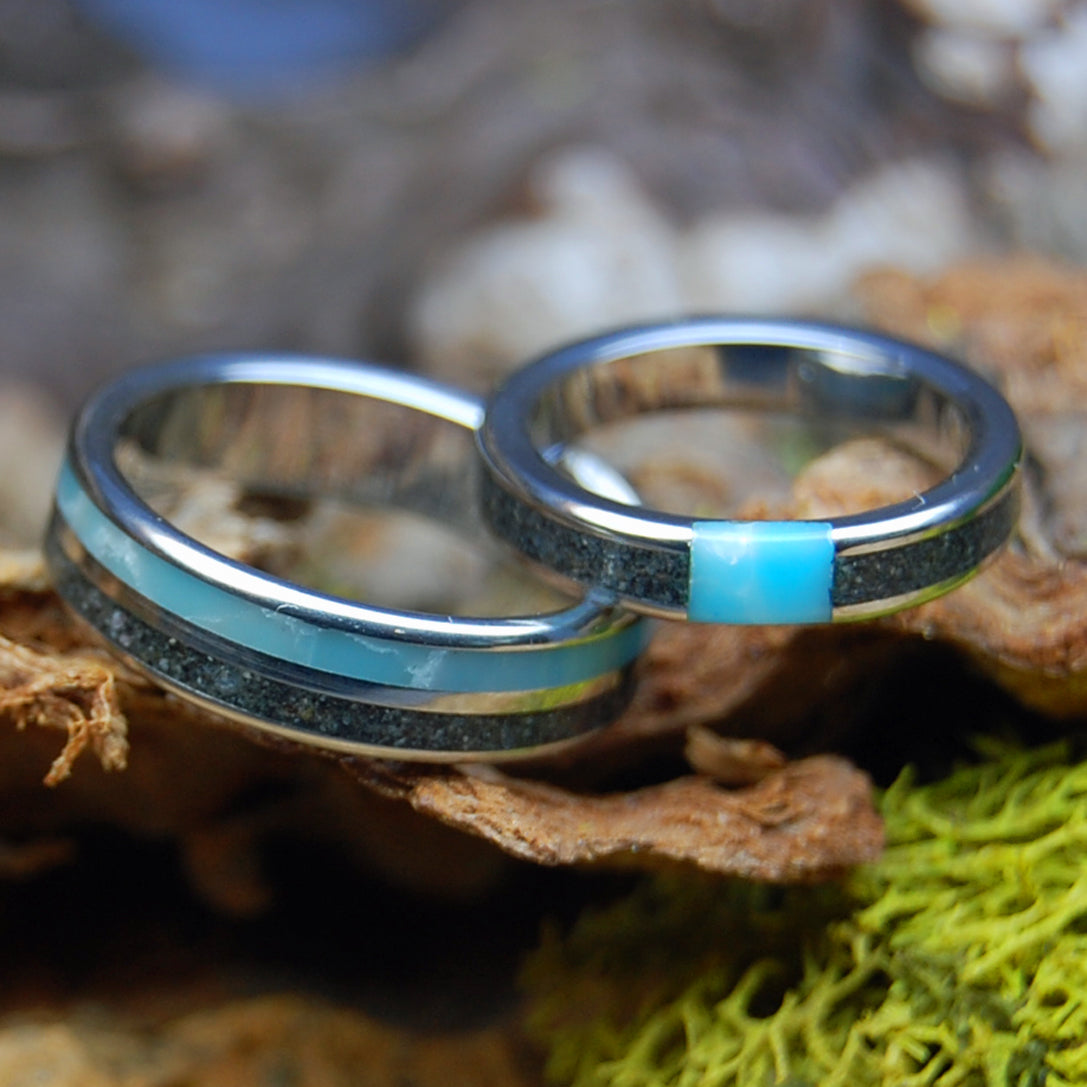 INOX ASSATEAGUE SKIES SET | Assateague Beach Sand & Larimar Stone Inox Steel Wedding Rings