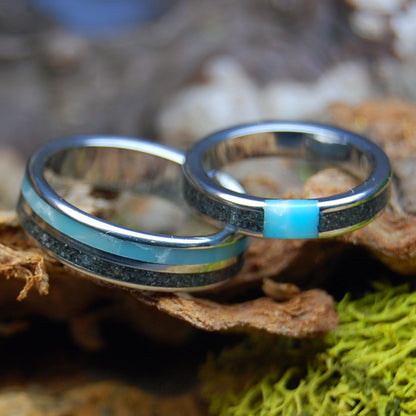 INOX ASSATEAGUE SKIES SET | Assateague Beach Sand & Larimar Stone Inox Steel Wedding Rings