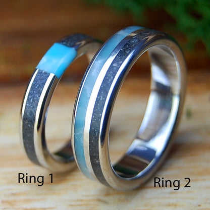 INOX ASSATEAGUE SKIES SET | Assateague Beach Sand & Larimar Stone Inox Steel Wedding Rings