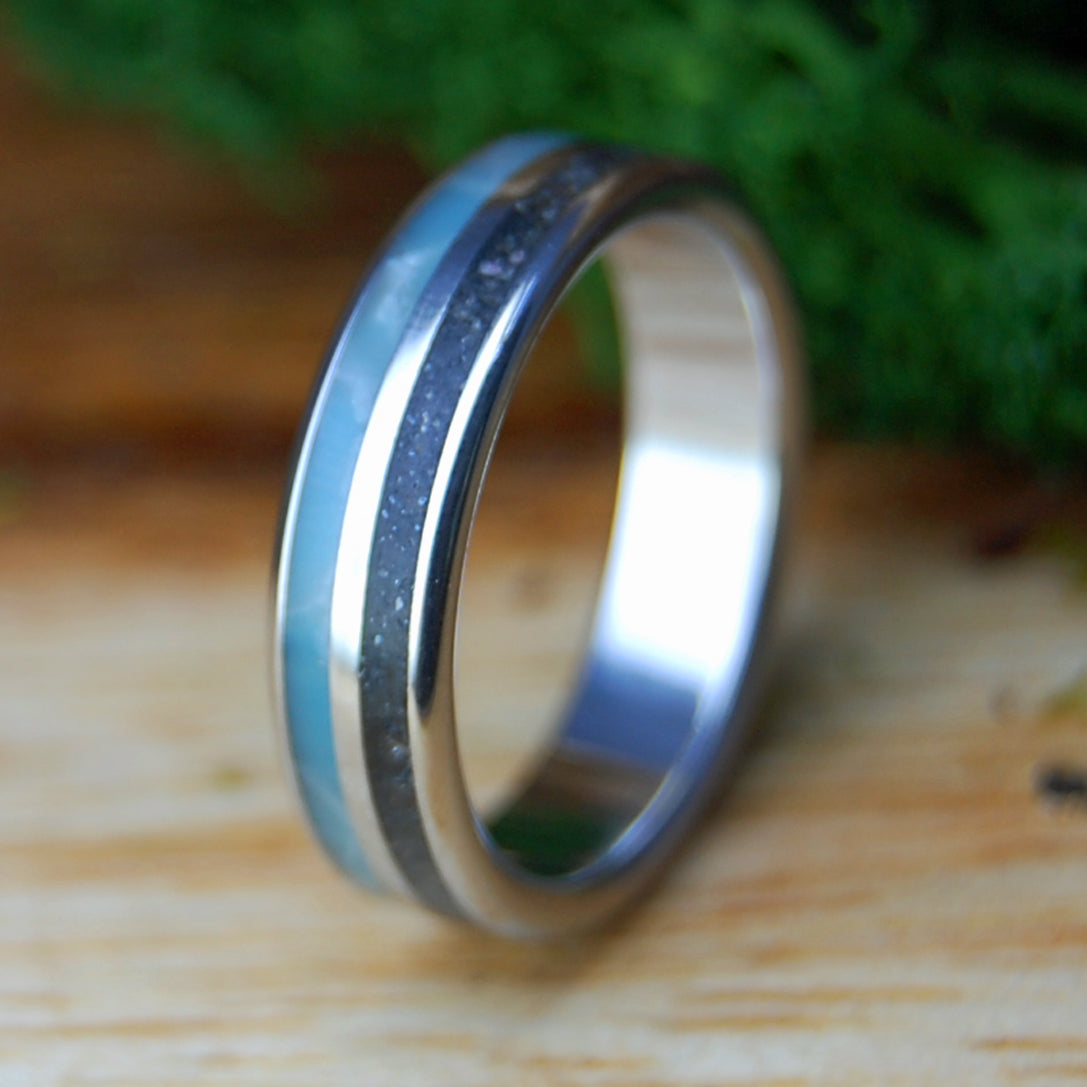 INOX SKY OVER ASSATEAGUE | Men's Assateague Beach Sand, Larimar Stone & Inox Wedding Ring