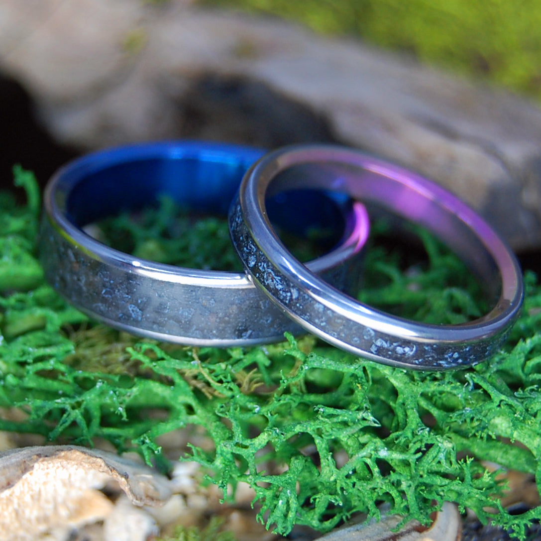 ICELANDIC LAVA BLUE & PINK SET | Icelandic Volcanic Beach Sand And Lava - Unique Wedding Rings