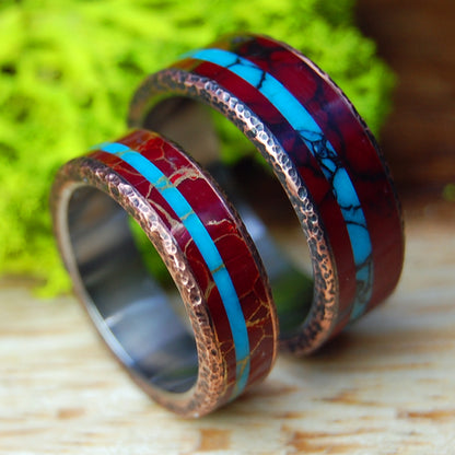 KNOCK ON MY COPPER DOOR BW & GW | Red Jasper Stone, Beaten Copper & Turquoise Stone Wedding Rings