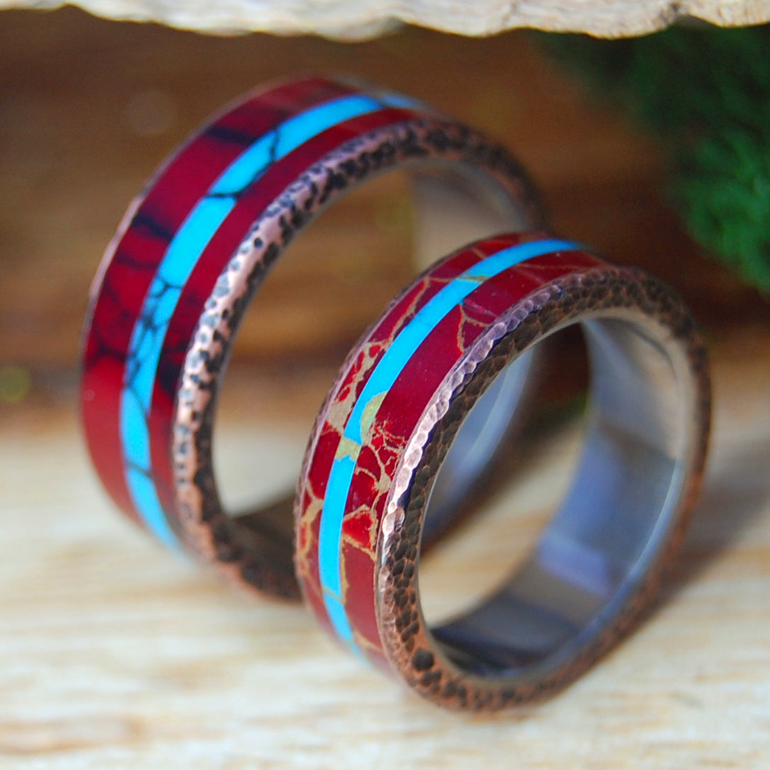 KNOCK ON MY COPPER DOOR BW & GW | Red Jasper Stone, Beaten Copper & Turquoise Stone Wedding Rings