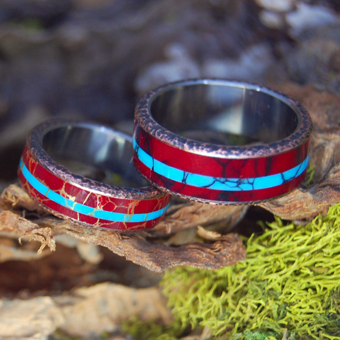 KNOCK ON MY COPPER DOOR BW & GW | Red Jasper Stone, Beaten Copper & Turquoise Stone Wedding Rings