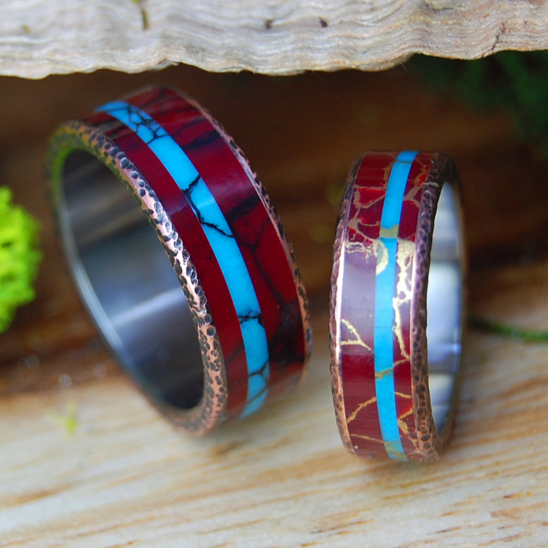 KNOCK ON MY COPPER DOOR BW & GW | Red Jasper Stone, Beaten Copper & Turquoise Stone Wedding Rings