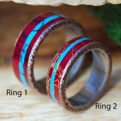 KNOCK ON MY COPPER DOOR BW & GW | Red Jasper Stone, Beaten Copper & Turquoise Stone Wedding Rings