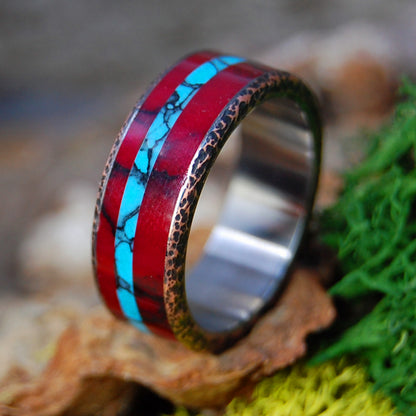 KNOCK ON MY COPPER DOOR BW | Men's Red Jasper Stone, Beaten Copper & Turquoise Stone Wedding Ring