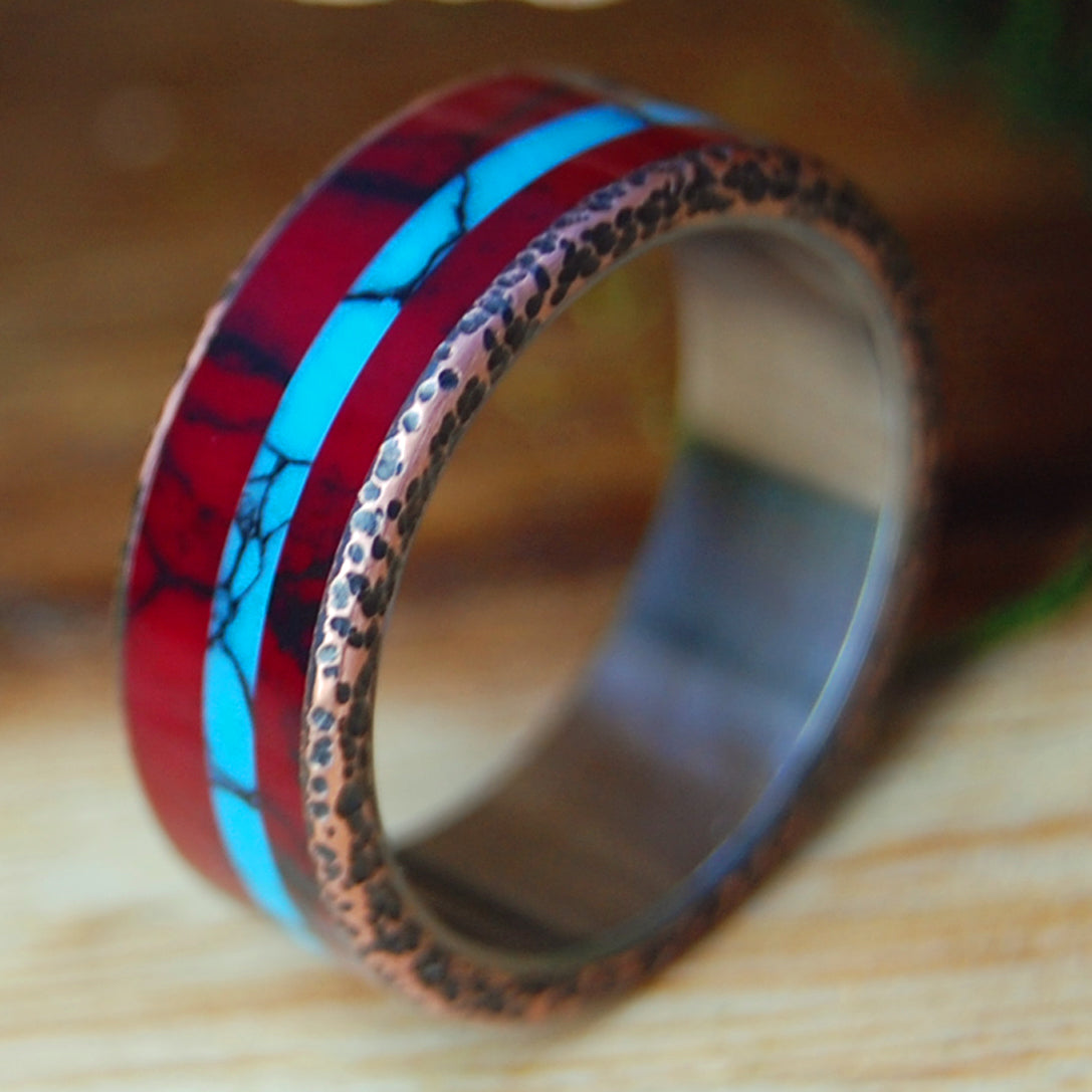 KNOCK ON MY COPPER DOOR BW | Men's Red Jasper Stone, Beaten Copper & Turquoise Stone Wedding Ring