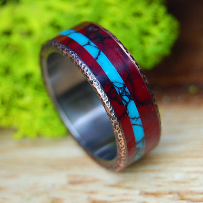 KNOCK ON MY COPPER DOOR BW | Men's Red Jasper Stone, Beaten Copper & Turquoise Stone Wedding Ring