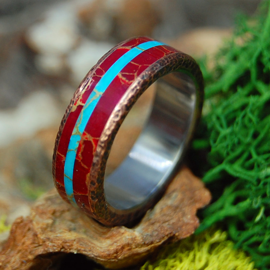 KNOCK ON MY COPPER DOOR GW | Red Jasper Stone, Beaten Copper & Turquoise Stone Wedding Ring