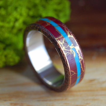 KNOCK ON MY COPPER DOOR GW | Red Jasper Stone, Beaten Copper & Turquoise Stone Wedding Ring