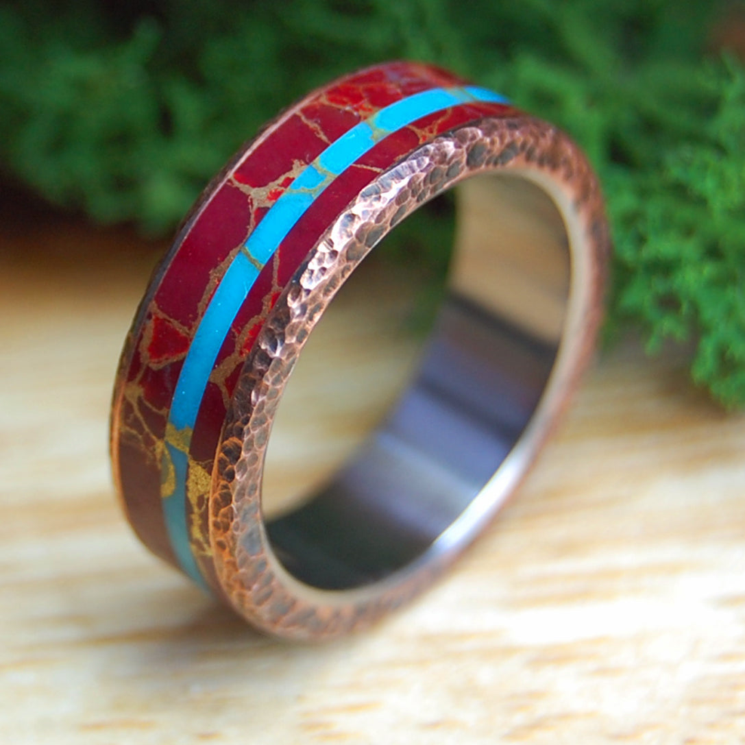 KNOCK ON MY COPPER DOOR GW | Red Jasper Stone, Beaten Copper & Turquoise Stone Wedding Ring