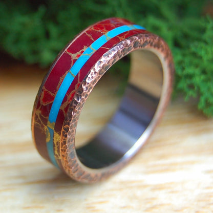 KNOCK ON MY COPPER DOOR GW | Red Jasper Stone, Beaten Copper & Turquoise Stone Wedding Ring