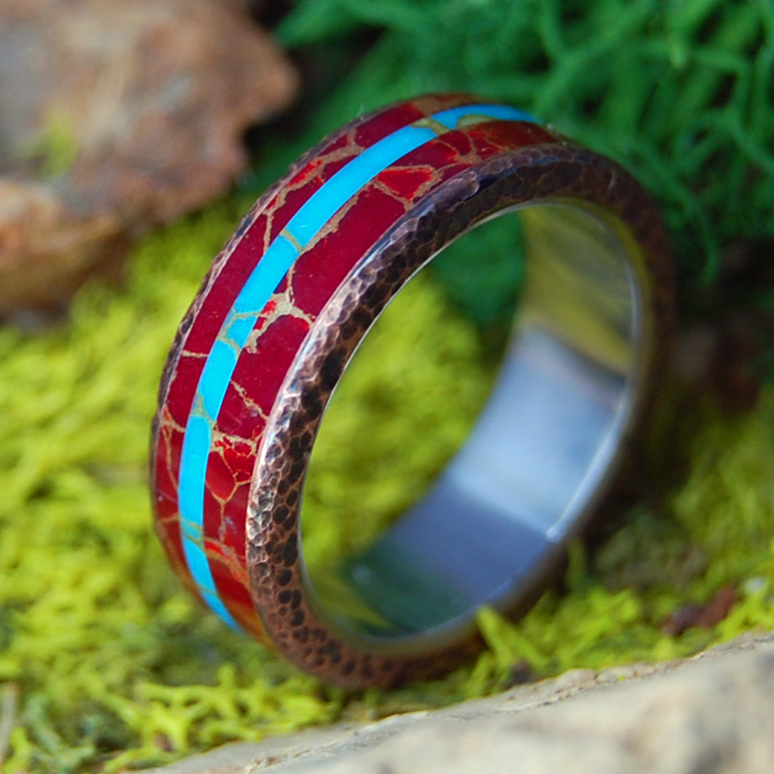 KNOCK ON MY COPPER DOOR GW | Red Jasper Stone, Beaten Copper & Turquoise Stone Wedding Ring