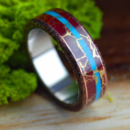 KNOCK ON MY COPPER DOOR GW | Red Jasper Stone, Beaten Copper & Turquoise Stone Wedding Ring