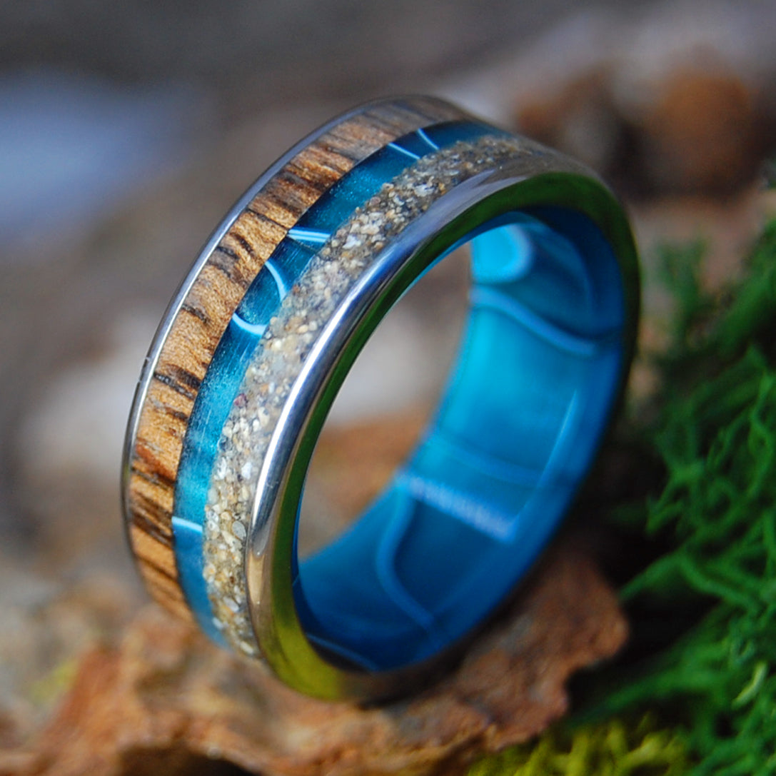 KAANAPALI MAGIC | Aquatic Blue Resin & Koa, Kaanapali Sand - Beach Sand Ring - Wooden Wedding Ring