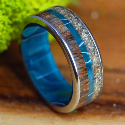 KAANAPALI MAGIC | Aquatic Blue Resin & Koa, Kaanapali Sand - Beach Sand Ring - Wooden Wedding Ring