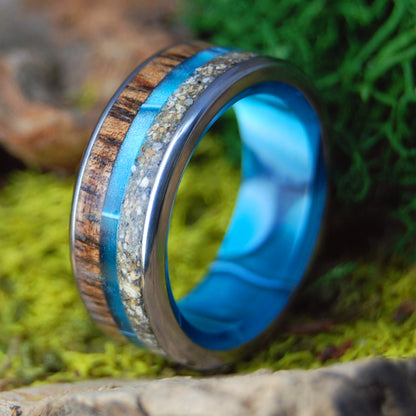 KAANAPALI MAGIC | Aquatic Blue Resin & Koa, Kaanapali Sand - Beach Sand Ring - Wooden Wedding Ring