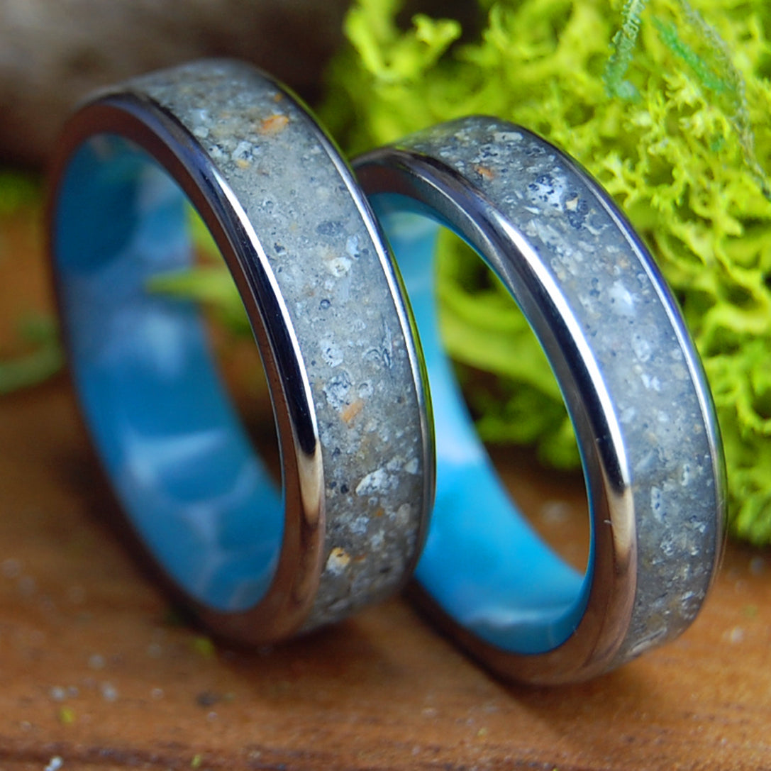 LAGUNA LARIMAR SET | His & Hers Laguna Beach Sand, Larimar Stone & Titanium Wedding Rings