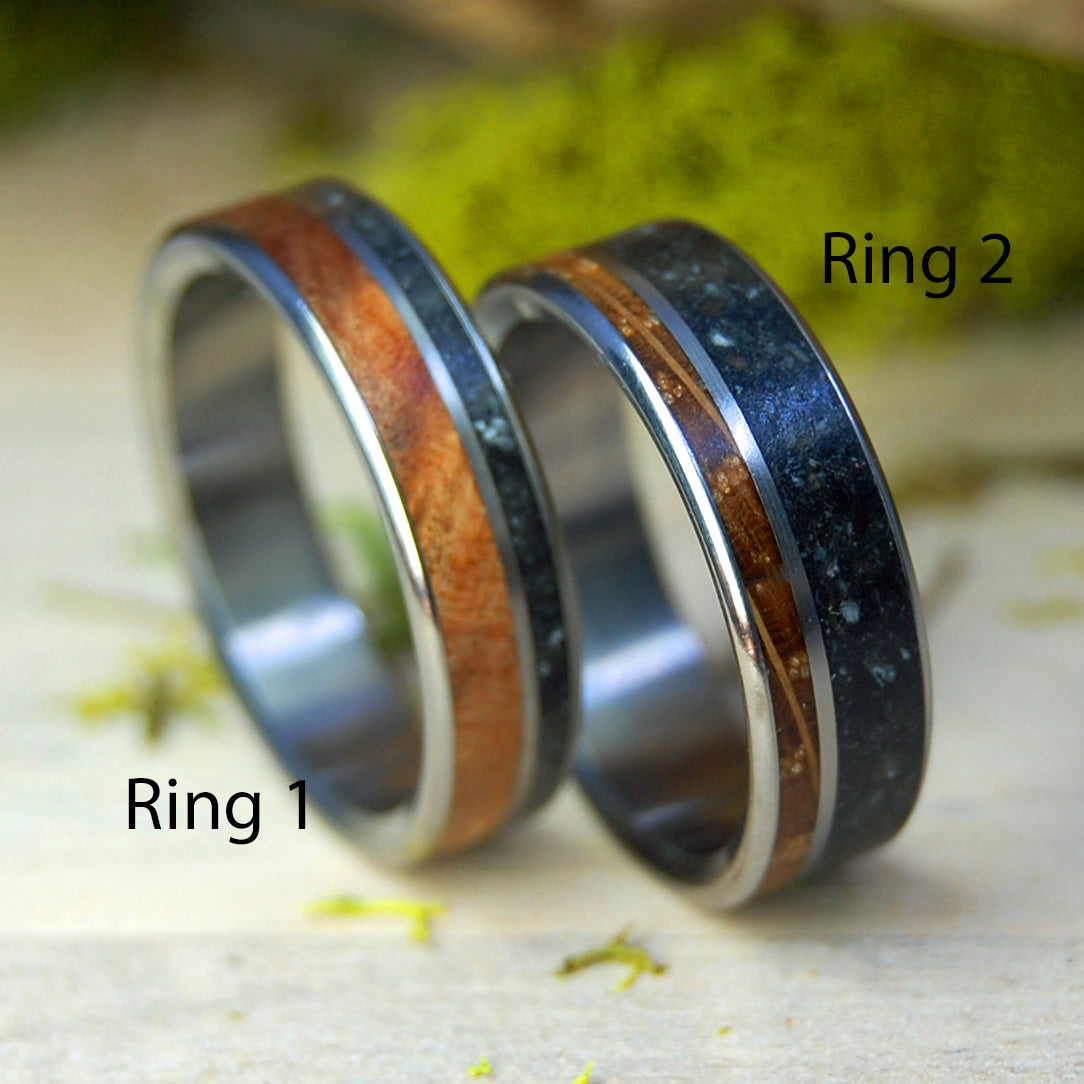 LAKE CHAMPLAIN LUCKY ROCKS AND WOOD | Lake Champlain Rock & Curly Maple Burl and Whiskey Barrel - Unique Wedding Rings - Minter and Richter Designs