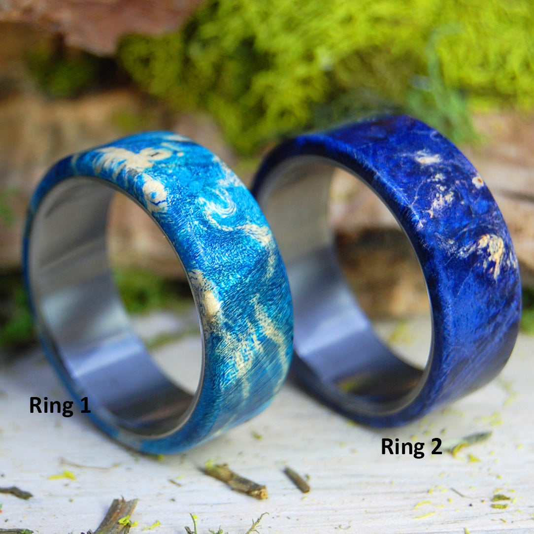 LIGHT AND DARK REFLECTION | Blue Box Elder Wood & Titanium - Unique Wedding Rings - Wedding Rings Set - Minter and Richter Designs